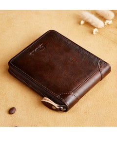 Buy Men's Wallet Genuine Leather Short Zipper Top Layer Cowhide Anti-theft Card Swiping Wallet Brown in UAE