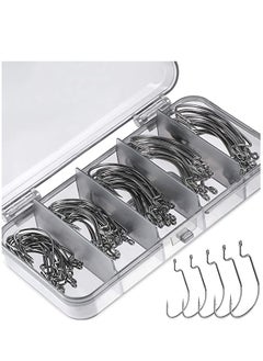 اشتري 100 Pcs Fishing Hooks, High Carbon Steel Offset Worm Hooks with Plastic Box, Strong Sharp Soft Bait Jig Fish Hooks with Barbs for Bass Freshwater Saltwater في السعودية