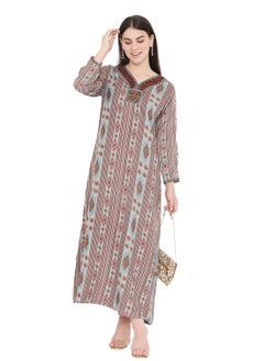 Buy UNIQUE PRINTED LONG SLEEVES WITH NECK EMBROIDERED ARABIC KAFTAN JALABIYA DRESS in Saudi Arabia