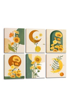 اشتري Boho Sunflower Wall Art,A set of 6 panels featuring yellow moon and sun designs, for adding a bohemian and minimalist touch to your home decor.  for bedroom, bathroom, or living room.  (8x10inch) في الامارات