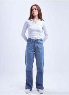 Buy High-Waist Medium Wash Split Hem Cross-Belt Straight Leg Jeans. in Saudi Arabia