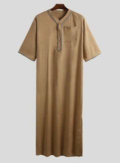 Buy Men's Muslim Loose Robe Thobe V-Neck Short Sleeve Side Split Kaftan Khaki in UAE