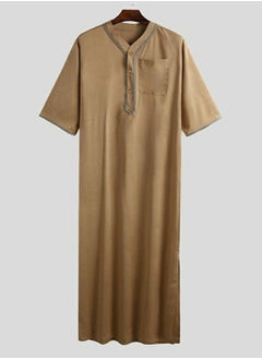 Buy Men's Muslim Loose Robe Thobe V-Neck Short Sleeve Side Split Kaftan Khaki in Saudi Arabia