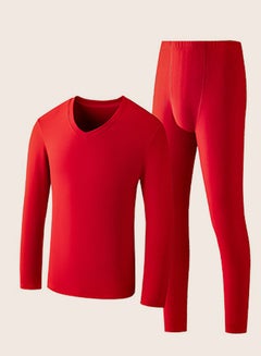 Buy Mens Solid Color Skin Friendly Thick Long Johns Fleese And V-Neck Thermal Underwear Set, 2 Piece Cold Weather Base Layer Set for Men Red in UAE