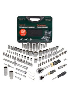 Buy ROCKFORCE Socket set 108 pcs in a plastic case with metal clasps 1/2'', 1/4'' (4-32mm) Drive 6-Point Socket in UAE