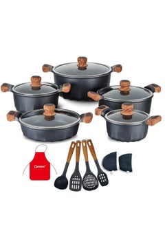 Buy 17-Pieces Granite Coated Cookware Set Includes 20,24,28 & 32cm Casserole with Lid, 32cm Shallow Casserole with Lid and 7 Pieces Cooking Tools in UAE