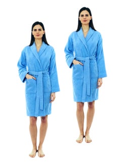 اشتري 2 Pieces Light Blue Colour Terry Weave Cotton  Bathrobe Medium Size في الامارات