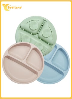 Buy 3 Pack Divided Unbreakable Silicone Baby and Toddler Plates, Non-Slip - Dishwasher and Microwave Safe Silicone (Blue Green Brown) in Saudi Arabia