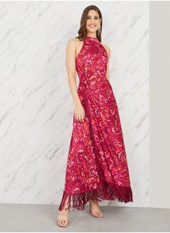 Buy Ikat Print Halter Neck Wrap Style Maxi Dress with Tassel Detail in Saudi Arabia