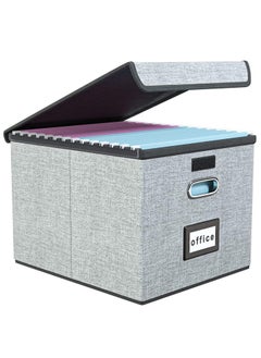 Buy Portable File Organiser Box with Lid, Collapsible Linen Hanging Filing Storage Boxes with Plastic Slide, Decorative Home/Office Filing System for File and Folders Storage (Grey) in UAE