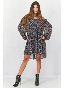 Buy Women Off Shoulder Long Sleeve Floral Print Mini Dress, Black Combo in UAE