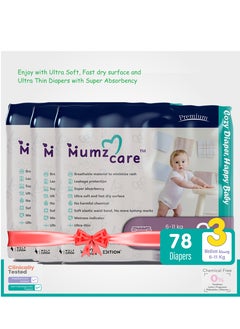 Buy Mumz Care Baby Diapers, Ultra-Thin with Super Absorbency,  Size 3, 6-11 Kg,  3 Pack & 78 Diapers. Breathable material, Ultra soft and fast dry surface to minimize rash in Saudi Arabia