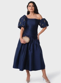 Buy Pleated Bodice Asymmetric Neck Dress in UAE