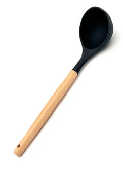 Buy Beram Silicone Soup Ladle, 315℃ Heat Resistant Non-stick Seamless Large Kitchen Deep Serving Spoon with Non-slip Solid Long Wooden Handle for Cooking Sauce, Stews, Gravies, Chili, Black in UAE