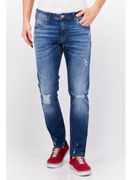 Buy Men Regular Fit Rip Stretchable Denim Jeans, Blue in UAE