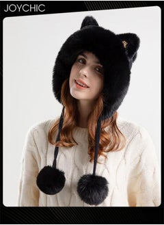 اشتري Autumn and Winter Lovely Cartoon Cat Ears Design Knitted Outdoor Warm Windproof Hat for Women Black في السعودية