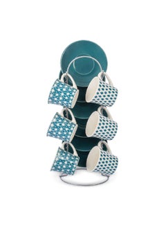 Buy 13-Piece Porcelain Coffee Cup and Saucer Set with Stand White and Aqua 90 ml KRJYC059 in Saudi Arabia