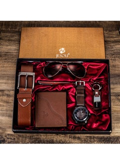 Buy 5-Piece Elegant Men's Gift Set – Watch, Sunglasses, Leather Wallet, Belt & Keychain – The Perfect Sophisticated Gift in UAE