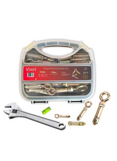 اشتري VIXEL Pack of 22 Heavy Duty closed hook Eye bolts Assortment Kit of different sizes with wrench and level meter and Expansion Bolts concrete Wall Anchor rawl bolts في الامارات