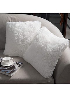 اشتري HOME Luxury Soft Faux Fur Fleece Cushion Cover Pillowcase Decorative Throw Pillows Covers, No Pillow Insert, 18" x 18" Inch, White, 2 Pack في الامارات