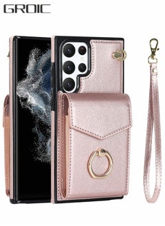 اشتري For Samsung Galaxy S23 Ultra Wallet Case with Card Holder,TPU Inner Shell Shockproof Wrist Strap,360°Rotation Finger Ring Kickstand Leather Phone Cover for S23 Ultra 6.8'' في الامارات