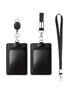 Buy 2 Piece ID Card Holder, with Lanyard and Retractable Badge Reel Clip, Unisex Leather ID Badge Holder Set for Work School and Metro Card in Saudi Arabia