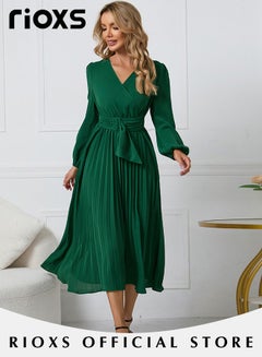 Buy Women Casual Long Sleeve V Neck Fall Dress Bohemian Relaxed Fit Flowy Maxi Dresses Tiered Cocktail Dress in UAE