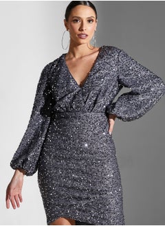 Buy Balloon Sleeve Sequin Detail Dress in Saudi Arabia