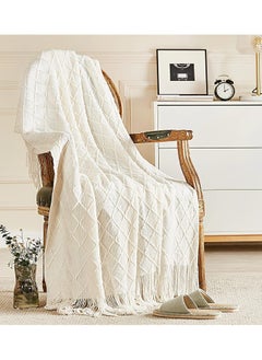 اشتري Knitted Throw Blankets, Cozy Lightweight Decorative Throw, Warm Woven Blanket with Tassels for Couch Sofa, Bed and Living Room, All Seasons for Women, Men and Kids (127x172cm, Off White) في السعودية