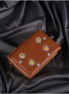 Buy Leather Flip Wallet & Card Holder with 9 Pockets and Zipped Pocket Flowery Brown in Egypt