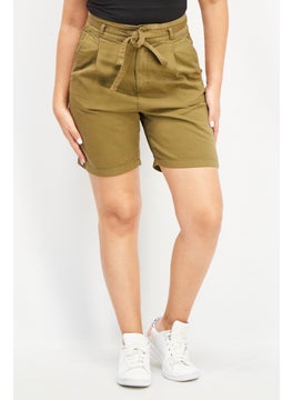 اشتري Women Solid Belted Denim Short, Olive في السعودية