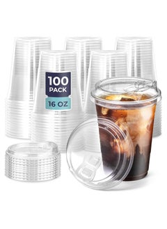 Buy 100 Piece Set of Disposable Plastic Straw Cups with Lids 16oz Eco-Friendly for Iced Coffee, Smoothies, Soda Drinks, Cafe Essentials in Saudi Arabia