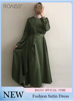 اشتري Abaya Style Solid Color Satin Dress Women'S Fashion Versatile Ruffle Daily Commuting Long-Sleeved Long Skirt في السعودية