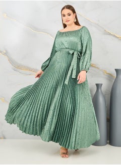 اشتري Satin Jacquard Print Pleated Detail Self Tie Up Maxi Dress في السعودية