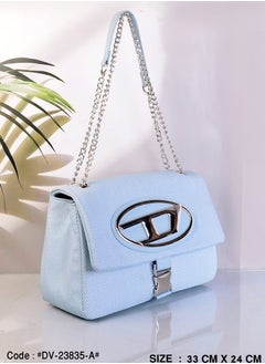 Buy Elegant Light Blue Linen and leather Shoulder Bag with Metal handle in Egypt