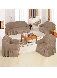 Buy 4-Piece Super Stretchable Anti-Wrinkle Slip Flexible Resistant Jacquard Sofa Cover Set Linen Brown in UAE