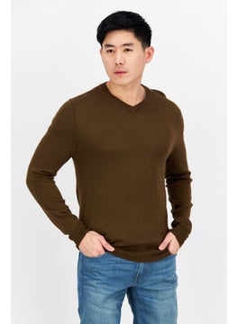 Buy Men V-Neck Long Sleeves Knit Sweater, Dark Brown in Saudi Arabia