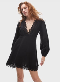 Buy Plunge Neck Lace Balloon Sleeve Dress in UAE