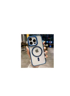 اشتري Plating Metal Lens Frame Clear Phone Case Magsafe Wireless Charging Ultra Thin Transparent Acrylic Hard Anti fall Shockproof Back Cover For iphone 14 Pro Max (Blue) في مصر