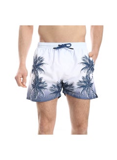 Buy Palm Tree Pattern Regular Fit Swim Shorts - White & Navy Blue in Egypt