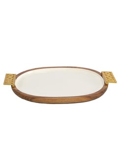 Buy Damask Small Wooden Oval Tray, White & Gold - 47x30 cm in UAE