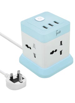 اشتري Gzar Tower Extension Cord Power Strip Cube Lead with 4 Outlets Plug and 3 USB Ports 5 Ft 1.5M Power Cord Phone and Desktop Charging Station Compact Portable For Travel Home and Office Blue في الامارات