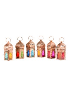 اشتري HilalFul Mini Copper Antique Style Decorative Candle Holder Lanterns - Multicolor Glass (Set of 6) | For Home Décor in Eid, Ramadan, Wedding | Living Room, Bedroom, Indoor, Outdoor Decoration في السعودية