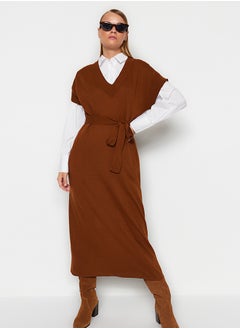 Buy Dark Brown Belted Long Knitwear Sweater Dress TCTAW24UV00020 in Egypt