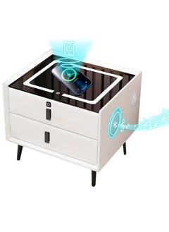 Buy Nightstand with Fingerprint Lock Drawer Smart Multifunctional Table with Wireless charging Bluetooth Speaker Storage Cabinet with Adjustable Led Light for Bedroom Living Room (White) in Saudi Arabia