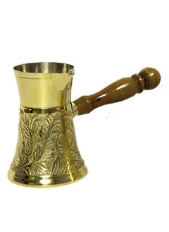 Buy Majestic Brass Turkish Coffee Pot – Capacity: 200 ml (Medium Size), Embossed Design, Golden Color – Handcrafted with Wooden Handle, Perfect for Turkish Coffee, Arabic Coffee, Tea, Milk, and Hot Beverages in UAE