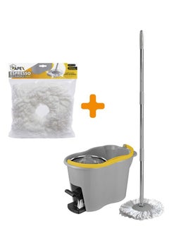 Buy Foot Pedal Spin Mop With Bucket Stainless Steel Wringer Set And Free Microfibrer Refill White 40cm in UAE