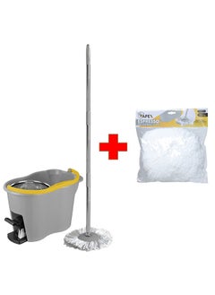 Buy Foot Pedal Spin Mop With Bucket Stainless Steel Wringer Set And Free Microfibrer Refill White 40cm in UAE