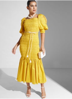 Buy Balloon Sleeve Ruched Belted Dress in UAE