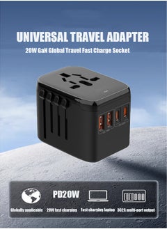 Buy GaN PD 20W USB Fast Charger Plug Power Adapter, Worldwide Compatibility - High Power Adaptation, Global Multifunctional charger, 5 In 1 European Travel Plug Converter Baby Safety Protection, Black in Saudi Arabia